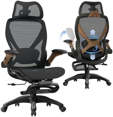 ELABEST X100 Silla de oficina ergonómica de malla con reposapiés, silla grande y alta para escritorio con brazos abatibles 5D, soporte lumbar ajustable 3D, sillas de computadora para juegos y