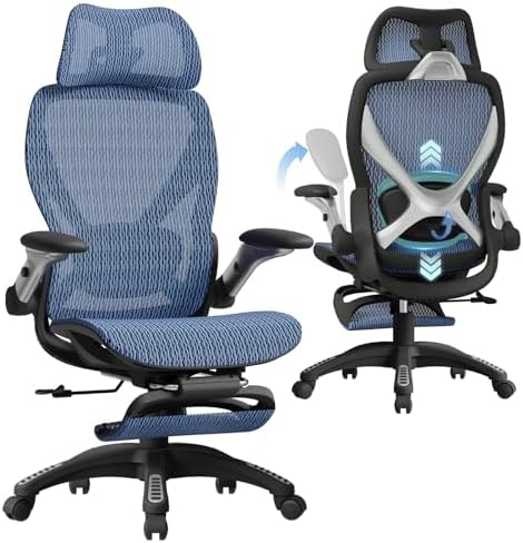 ELABEST X100 Silla de oficina ergonómica de malla con reposapiés, silla grande y alta para escritorio con brazos abatibles 5D, soporte lumbar ajustable 3D, sillas de computadora para juegos y