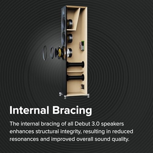 ELAC Debut 3 0 DF53 BK Floorstanding Speaker  Black Ash  Each    1  Aluminum Dome Tweeter  5 25  Aramid Fiber Midrange & Dual 5 25  Aramid Fiber Woofers   3 Way Bass Reflex   38Hz to 38KHz Response