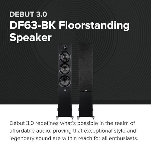 ELAC Debut 3 0 DF53 BK Floorstanding Speaker  Black Ash  Each    1  Aluminum Dome Tweeter  5 25  Aramid Fiber Midrange & Dual 5 25  Aramid Fiber Woofers   3 Way Bass Reflex   38Hz to 38KHz Response