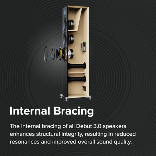 ELAC Debut 3 0 DF63 BK Floorstanding Speaker  Black Ash  Each    1  Aluminum Dome Tweeter  6 5  Aramid Fiber Midrange & Dual 6 5  Aramid Fiber Woofers   3 Way Bass Reflex   31Hz to 38KHz Response