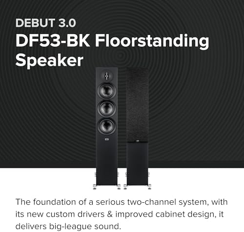 ELAC Debut 3 0 DF63 BK Floorstanding Speaker  Black Ash  Each    1  Aluminum Dome Tweeter  6 5  Aramid Fiber Midrange & Dual 6 5  Aramid Fiber Woofers   3 Way Bass Reflex   31Hz to 38KHz Response