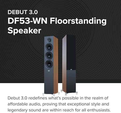 ELAC Debut 3 0 DF63 BK Floorstanding Speaker  Black Ash  Each    1  Aluminum Dome Tweeter  6 5  Aramid Fiber Midrange & Dual 6 5  Aramid Fiber Woofers   3 Way Bass Reflex   31Hz to 38KHz Response