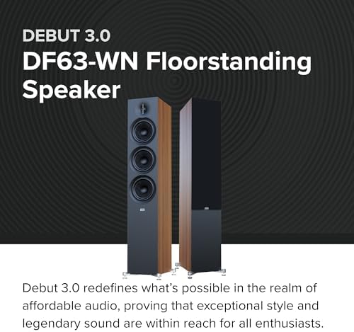 ELAC Debut 3 0 DF63 BK Floorstanding Speaker  Black Ash  Each    1  Aluminum Dome Tweeter  6 5  Aramid Fiber Midrange & Dual 6 5  Aramid Fiber Woofers   3 Way Bass Reflex   31Hz to 38KHz Response