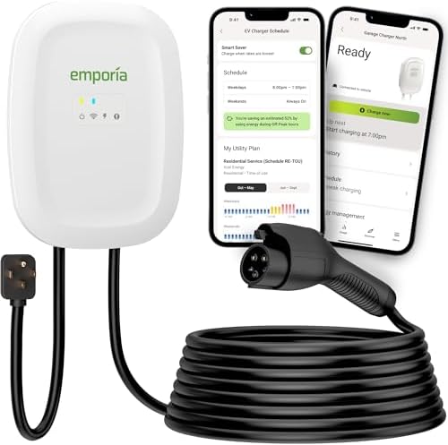 EMPORIA Cargador EV de nivel 2 – NEMA 14-50 EVSE con conector J1772 – Cargador EV de 48 amperios nivel 2, estación de carga de vehículos eléctricos habilitada para WiFi de 240 V, cable de 25 pies
