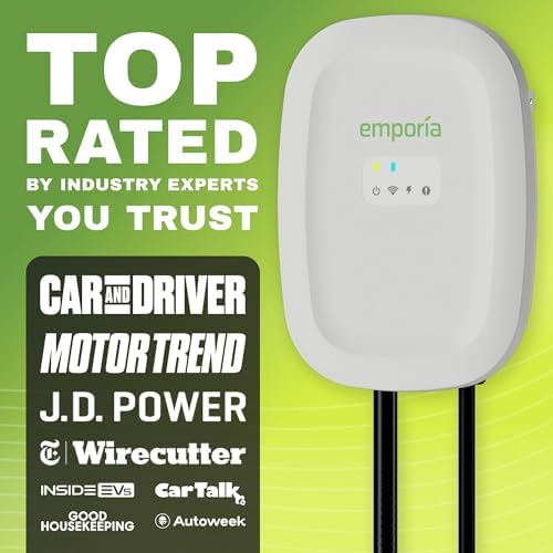 EMPORIA Cargador EV de nivel 2 – NEMA 14-50 EVSE con conector J1772 – Cargador EV de 48 amperios nivel 2, estación de carga de vehículos eléctricos habilitada para WiFi de 240 V, cable de 25 pies
