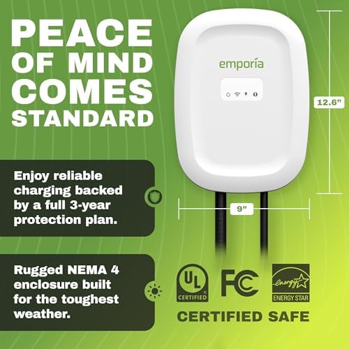 EMPORIA Cargador EV de nivel 2 – NEMA 14-50 EVSE con conector J1772 – Cargador EV de 48 amperios nivel 2, estación de carga de vehículos eléctricos habilitada para WiFi de 240 V, cable de 25 pies