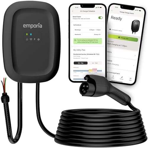 EMPORIA Cargador EV de nivel 2 – NEMA 14-50 EVSE con conector J1772 – Cargador EV de 48 amperios nivel 2, estación de carga de vehículos eléctricos habilitada para WiFi de 240 V, cable de 25 pies