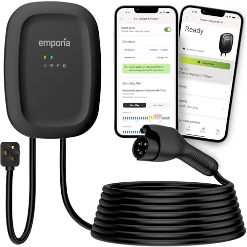 EMPORIA Cargador EV de nivel 2 – NEMA 14-50 EVSE con conector J1772 – Cargador EV de 48 amperios nivel 2, estación de carga de vehículos eléctricos habilitada para WiFi de 240 V, cable de 25 pies