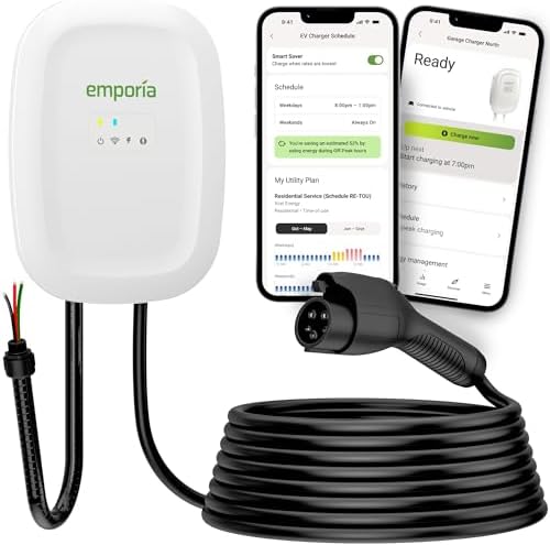 EMPORIA Cargador EV de nivel 2 – NEMA 14-50 EVSE con conector J1772 – Cargador EV de 48 amperios nivel 2, estación de carga de vehículos eléctricos habilitada para WiFi de 240 V, cable de 25 pies