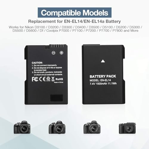 EN EL14 EN EL14A Battery USB Charger and 2 Pack Rechargeable Batteries Replacement Compatible with Nikon D3100 D3200 D3300 D3400 D3500 D5100 D5200 D5300 D5500 D5600 DF Coolpix P7000 P7100 P7700 P7800