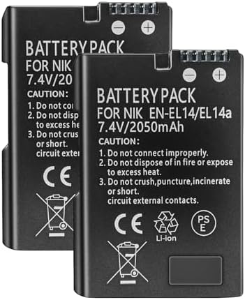 EN EL14 / EN EL14a Lithium Ion Battery Packs  7 4V 2050mAh Compatible with Nikon D5100 D3200 D5300 D3100 D5200 D3300 D5500 D3400 Df D3500 D5600 P7000 P7100 P7700 P7800 Digital Camera  2 Pack 