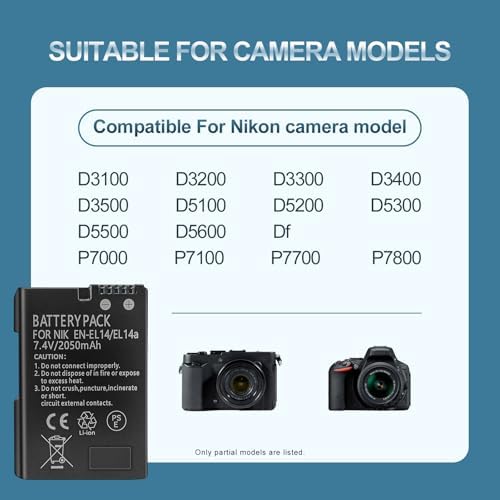 EN EL14 / EN EL14a Lithium Ion Battery Packs  7 4V 2050mAh Compatible with Nikon D5100 D3200 D5300 D3100 D5200 D3300 D5500 D3400 Df D3500 D5600 P7000 P7100 P7700 P7800 Digital Camera  2 Pack 
