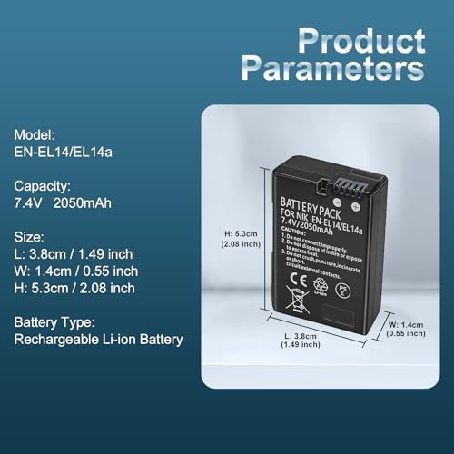 EN EL14 / EN EL14a Lithium Ion Battery Packs  7 4V 2050mAh Compatible with Nikon D5100 D3200 D5300 D3100 D5200 D3300 D5500 D3400 Df D3500 D5600 P7000 P7100 P7700 P7800 Digital Camera  2 Pack 