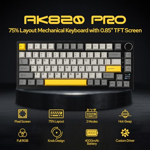 EPOMAKER Ajazz AK820 Pro 75  Wireless Mechanical Keyboard with TFT Smart Display&Knob  Gasket Mounted Gaming Keyboard  Bluetooth/2 4GHz/USB C Wired  Grey  Flying Fish Switch 