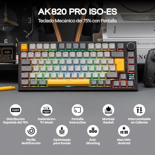 EPOMAKER Ajazz AK820 PRO ISO ES Teclado Mecánico Inalámbrico con Pantalla & Perilla  2 4G/BT/USB  RGB  Software Personalizado  Teclado Gaming de 75  Distribución Espa ola para PC/Mac  Black 