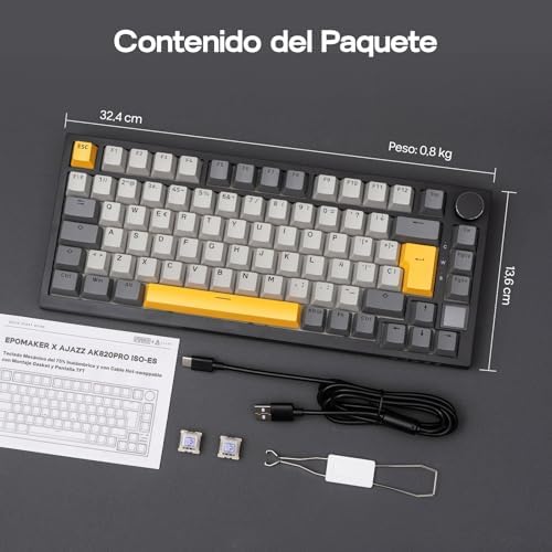 EPOMAKER Ajazz AK820 PRO ISO ES Teclado Mecánico Inalámbrico con Pantalla & Perilla  2 4G/BT/USB  RGB  Software Personalizado  Teclado Gaming de 75  Distribución Espa ola para PC/Mac  Black 