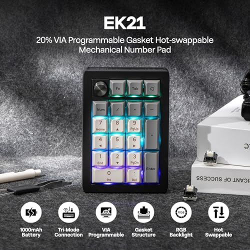 EPOMAKER EK21 VIA Gasket Number Pad with 1000mAh Battery  BT 5 0/2 4GHz/Wired Hot Swap Numpad with Aluminum Alloy knob  Programmable for Win/Mac/Gaming  Black Silver  Zebra Switch 