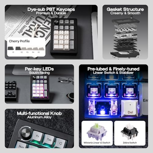 EPOMAKER EK21 VIA Gasket Number Pad with 1000mAh Battery  BT 5 0/2 4GHz/Wired Hot Swap Numpad with Aluminum Alloy knob  Programmable for Win/Mac/Gaming  Black Silver  Zebra Switch 