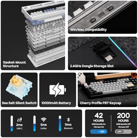 EPOMAKER TH108 PRO Full Size Mechanical Keyboard with Screen & Knob  Wireless Gaming Keyboard with 10000mAh  Creamy Gasket  Hot Swap  Custom Driver  RGB Backlight  Black  Sea Salt Silent 