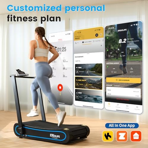 ERGOLIFE Curved Treadmill with Non Electric Motorized  2 in 1 Folding Treadmill with APP for Home Workout  Compact Manual Walking Pad  Office Running Machine with LCD Display