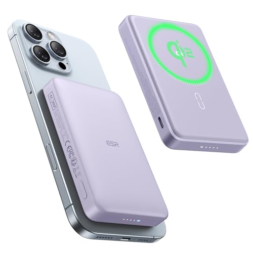 ESR for MagSafe Power Bank  Ultra Compact 10 000mAh MagSafe Portable Charger  Qi2 Certified 15W Ultra Fast Battery Pack  27W USB C MagSlim Charger with Cable for iPhone 17/16/15/14/13/12  Lavender