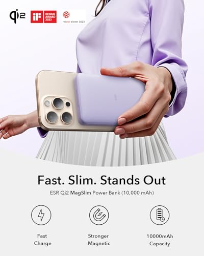ESR for MagSafe Power Bank  Ultra Compact 10 000mAh MagSafe Portable Charger  Qi2 Certified 15W Ultra Fast Battery Pack  27W USB C MagSlim Charger with Cable for iPhone 17/16/15/14/13/12  Lavender