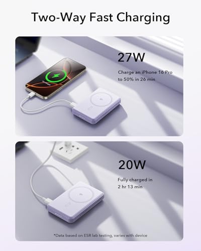 ESR for MagSafe Power Bank  Ultra Compact 10 000mAh MagSafe Portable Charger  Qi2 Certified 15W Ultra Fast Battery Pack  27W USB C MagSlim Charger with Cable for iPhone 17/16/15/14/13/12  Lavender