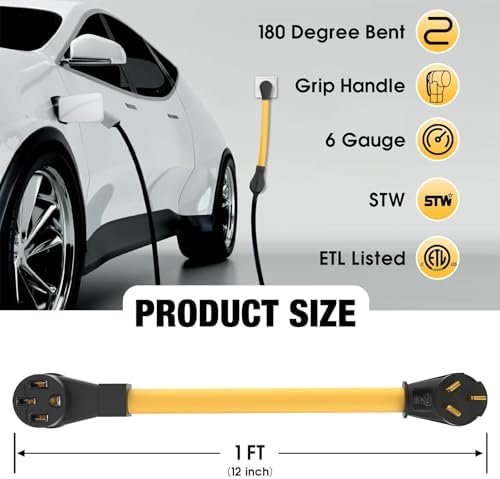 ETL Listed NEMA 10 50P to 14 50R 50 amp 3 Prong Dryer Plug EV Charger Adapter Heavy Duty 6 AWG Cord Compatible with Tesla Gen 2 Power Cord Adapter with Grip Handle 1 Foot