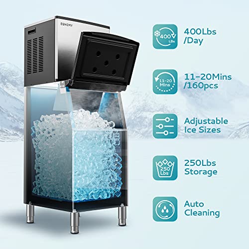 EUHOMY Commercial Ice Maker Machine 400Lbs/24H  SECOP Compressor&ETL Approval  Industrial Ice Machine  250Lbs Storage  Ice Ready in 11 20min  Stainless Steel Ice Maker for Bar/Cafe/Restaurant/Business