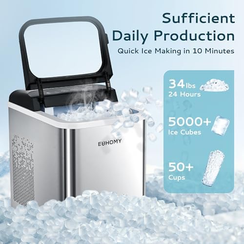 EUHOMY Nugget Ice Maker Countertop  Ready in 8 Mins  Self Cleaning  34lbs/24H Portable Ice Maker Machine with Ice Scoop & Basket  Sonic Ice Makers with Chewable Pellet Ice for Home/Party/RV/Camping
