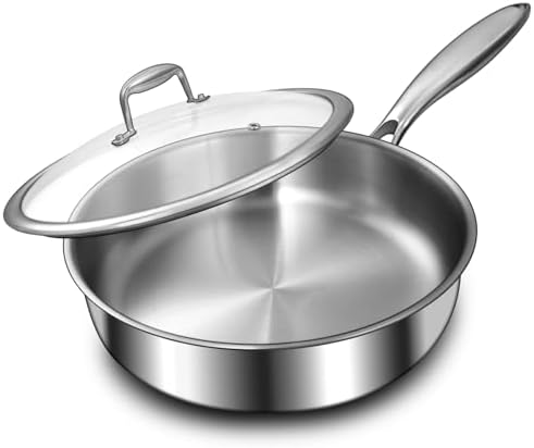 EWFEN 12 Inch Tri Ply Stainless Steel Frying Pan  Deep Frying Pan with lids  Compatible with All Cooktops Up to 600   Induction Cooking Pan  Dishwasher and Oven Safe  Fast & Even Heat