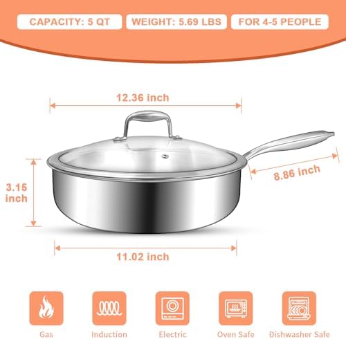 EWFEN 12 Inch Tri Ply Stainless Steel Frying Pan  Deep Frying Pan with lids  Compatible with All Cooktops Up to 600   Induction Cooking Pan  Dishwasher and Oven Safe  Fast & Even Heat