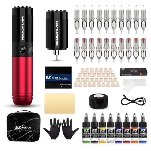 EZ Tattoo Kit   Tattoo Gun Kit Complete with Rotary Tattoo Machine Pen  Extra 1500mAh Battery Power Supply  20Pcs Tattoo Needles and 8 Color Inks for Tattoo Beginners and Artists  Filter Fr Red