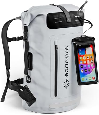 Earth Pak Waterproof Backpack   Heavy Duty Hiking Backpack   Roll Top Closure Bag   Cushioned Dry Bag Waterproof Phone Case