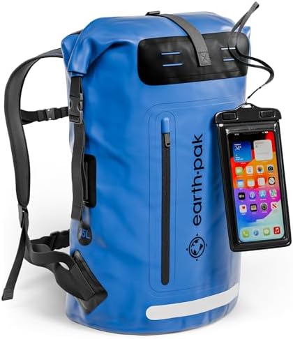 Earth Pak Waterproof Backpack   Heavy Duty Hiking Backpack   Roll Top Closure Bag   Cushioned Dry Bag Waterproof Phone Case