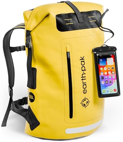 Earth Pak Waterproof Backpack   Heavy Duty Hiking Backpack   Roll Top Closure Bag   Cushioned Dry Bag Waterproof Phone Case