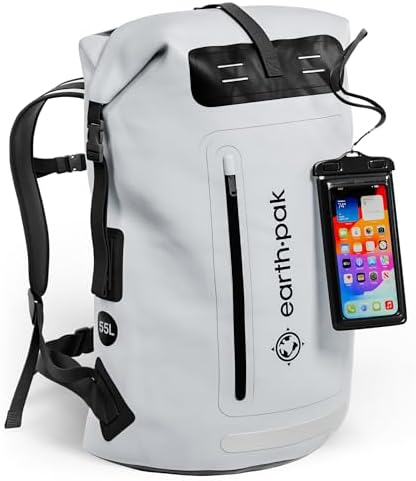 Earth Pak Waterproof Backpack   Heavy Duty Hiking Backpack   Roll Top Closure Bag   Cushioned Dry Bag Waterproof Phone Case