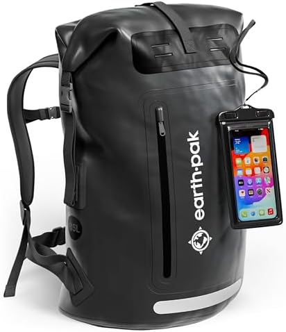 Earth Pak Waterproof Backpack   Heavy Duty Hiking Backpack   Roll Top Closure Bag   Cushioned Dry Bag Waterproof Phone Case