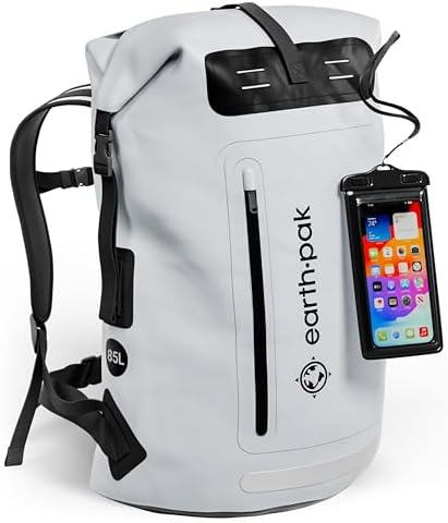 Earth Pak Waterproof Backpack   Heavy Duty Hiking Backpack   Roll Top Closure Bag   Cushioned Dry Bag Waterproof Phone Case