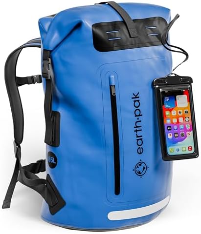 Earth Pak Waterproof Backpack   Heavy Duty Hiking Backpack   Roll Top Closure Bag   Cushioned Dry Bag Waterproof Phone Case