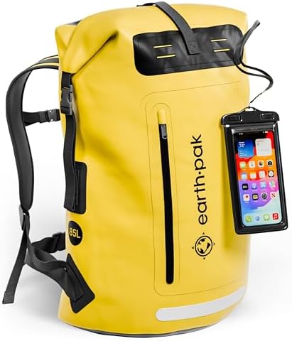 Earth Pak Waterproof Backpack   Heavy Duty Hiking Backpack   Roll Top Closure Bag   Cushioned Dry Bag Waterproof Phone Case