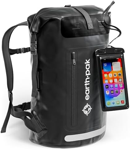 Earth Pak Waterproof Backpack   Heavy Duty Hiking Backpack   Roll Top Closure Bag   Cushioned Dry Bag Waterproof Phone Case