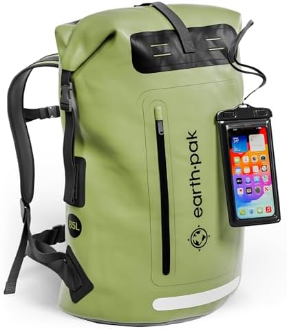 Earth Pak Waterproof Backpack   Heavy Duty Hiking Backpack   Roll Top Closure Bag   Cushioned Dry Bag Waterproof Phone Case