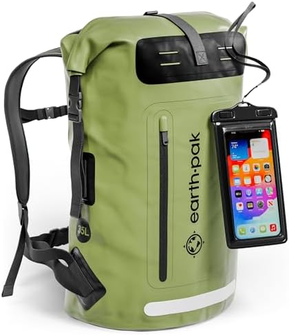 Earth Pak Waterproof Backpack   Heavy Duty Hiking Backpack   Roll Top Closure Bag   Cushioned Dry Bag Waterproof Phone Case