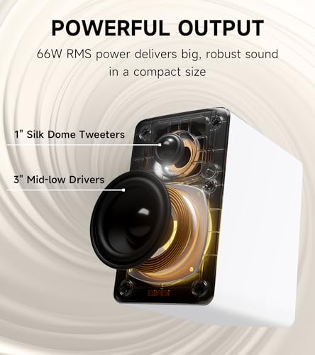 Edifier M60 Multimedia Speaker Bluetooth 5 3 66W RMS Hi Res Audio & Hi Res Wireless Audio LDAC 3 Mid Bass & 1 Tweeter USB C & Aux Inputs Compact Desktop Speaker White