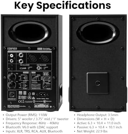 Edifier MR5 2 0 Studio Monitor Bookshelf Speakers  110W RMS   Hi Res Audio  Bluetooth 6 0  3 Way Active Design  Room Compensation  XLR/TRS/RCA Inputs  Compact Size for Home Studio & Music   Black