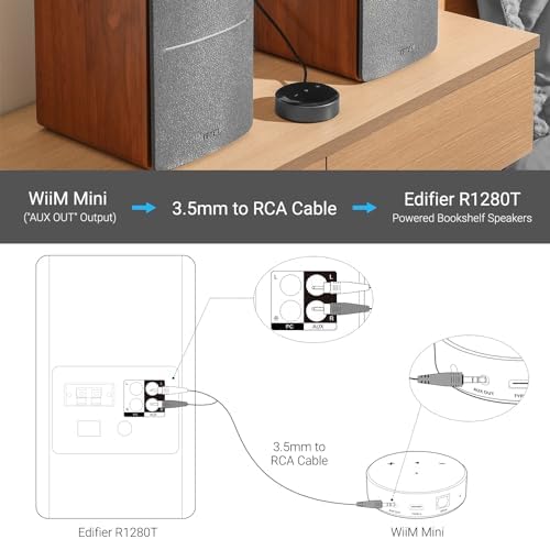 Edifier Powered Bookshelf Speakers R1280T with WiiM Mini AirPlay2 Wireless Wi Fi Audio Streamer  Stream Hi Res Audio from Spotify  Amazon Music and More