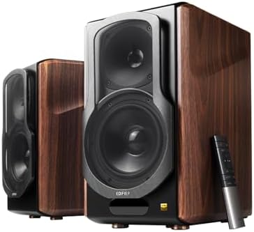 Edifier S2000MKIII Coaxial  Bluetooth  Optical and RCA Bookshelf 2 Speakers  Near Field Active Tri Amped 130w Studio Monitor for Audiophiles with Wireless  Line in and Fiber Optic Input Walnut