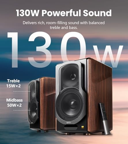 Edifier S2000MKIII Coaxial  Bluetooth  Optical and RCA Bookshelf 2 Speakers  Near Field Active Tri Amped 130w Studio Monitor for Audiophiles with Wireless  Line in and Fiber Optic Input Walnut
